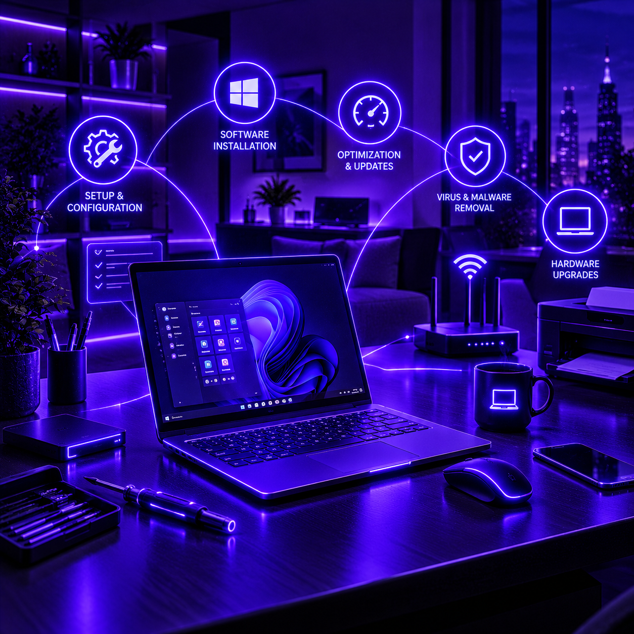 Laptop workspace for computer setup, troubleshooting, and support