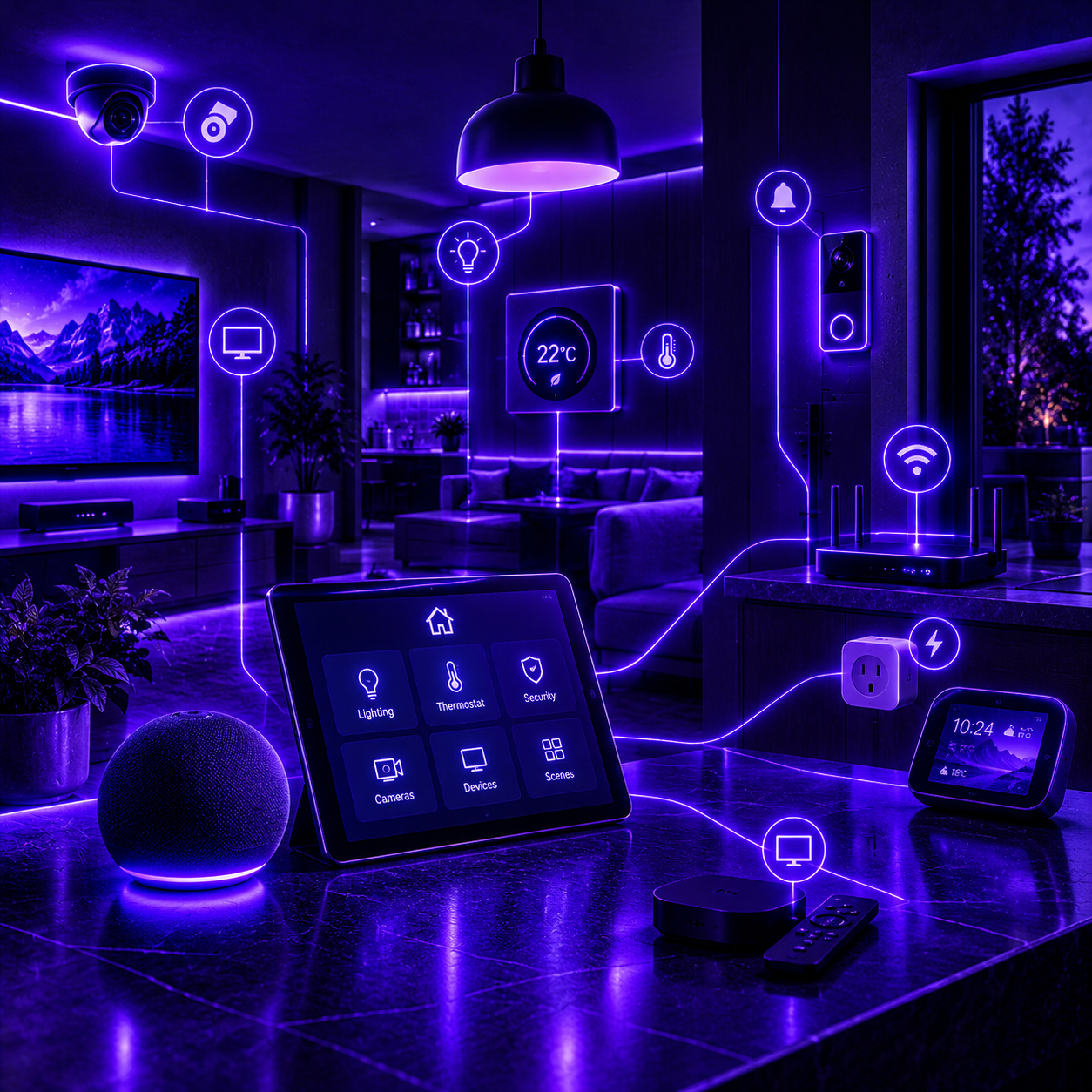 Connected smart home devices, cameras, lighting, and Wi-Fi