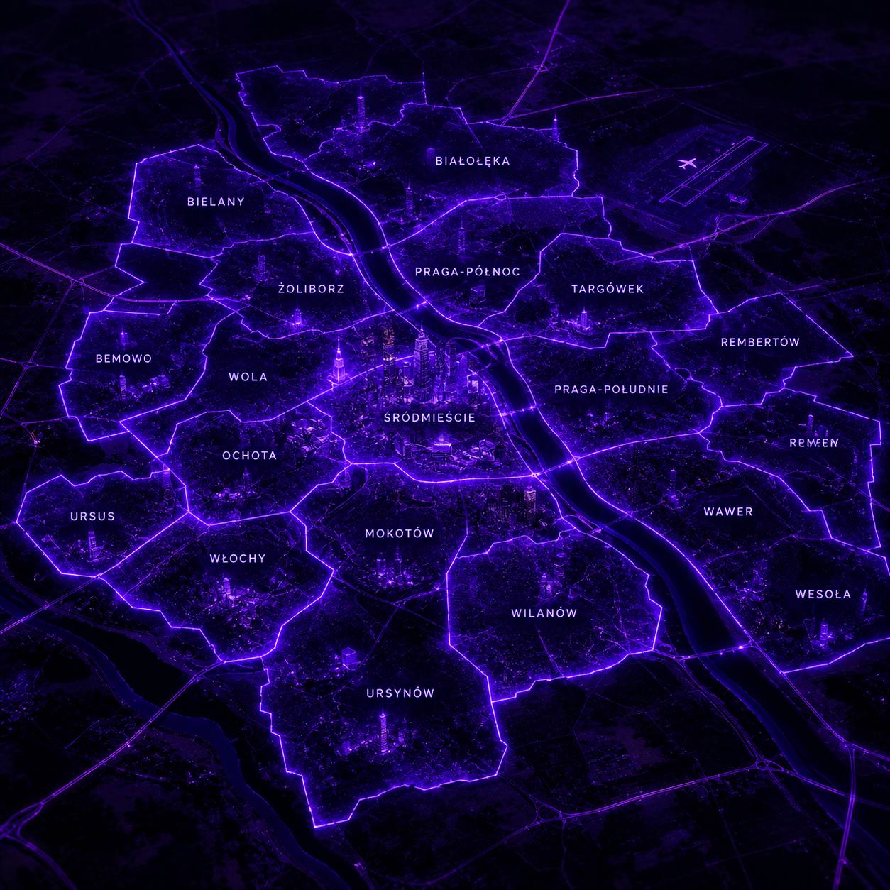 Illustrated map of Warsaw districts in purple